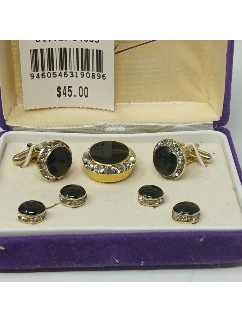 VTG Lord West Mens GoldTone Cufflinks & Studs Set Black Stone Crystal W/ Box #J4